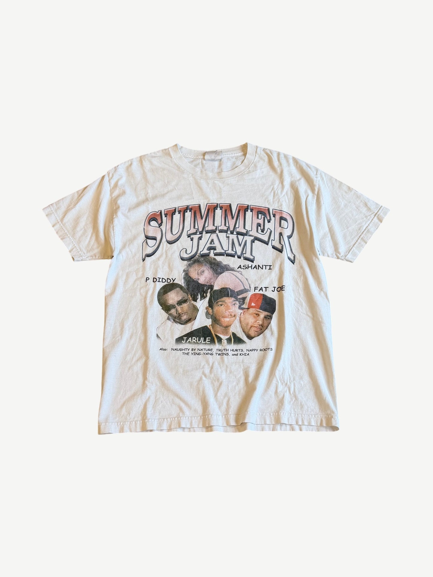 Vintage Hot 97 Summer Jam cream rap tee with P Diddy, Ashanti, Ja Rule and Fat Joe portraits