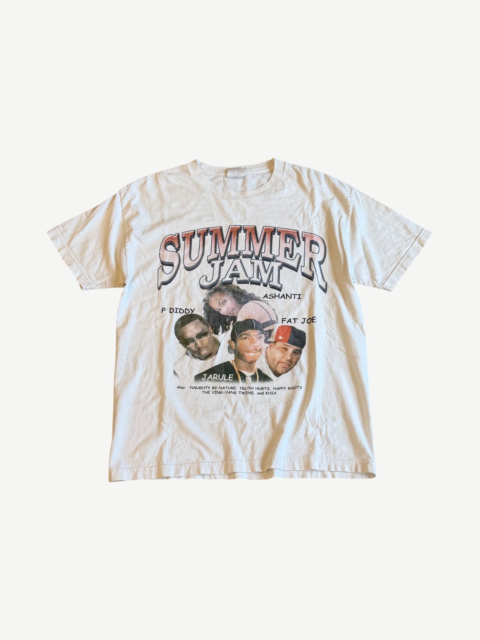Vintage Hot 97 Summer Jam cream rap tee with P Diddy, Ashanti, Ja Rule and Fat Joe portraits