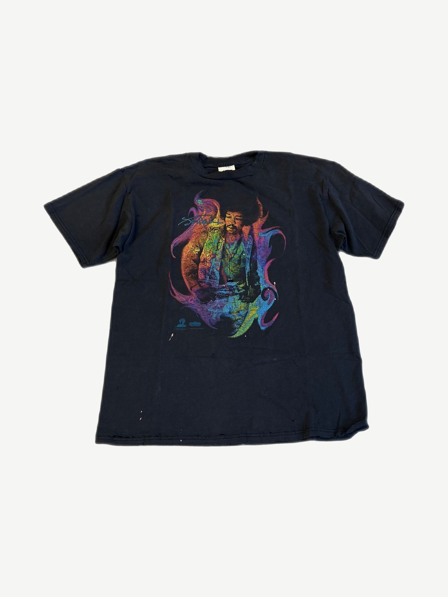 Vintage Jimi Hendrix Winterland tee front, black shirt with rainbow tie-dye flame portrait