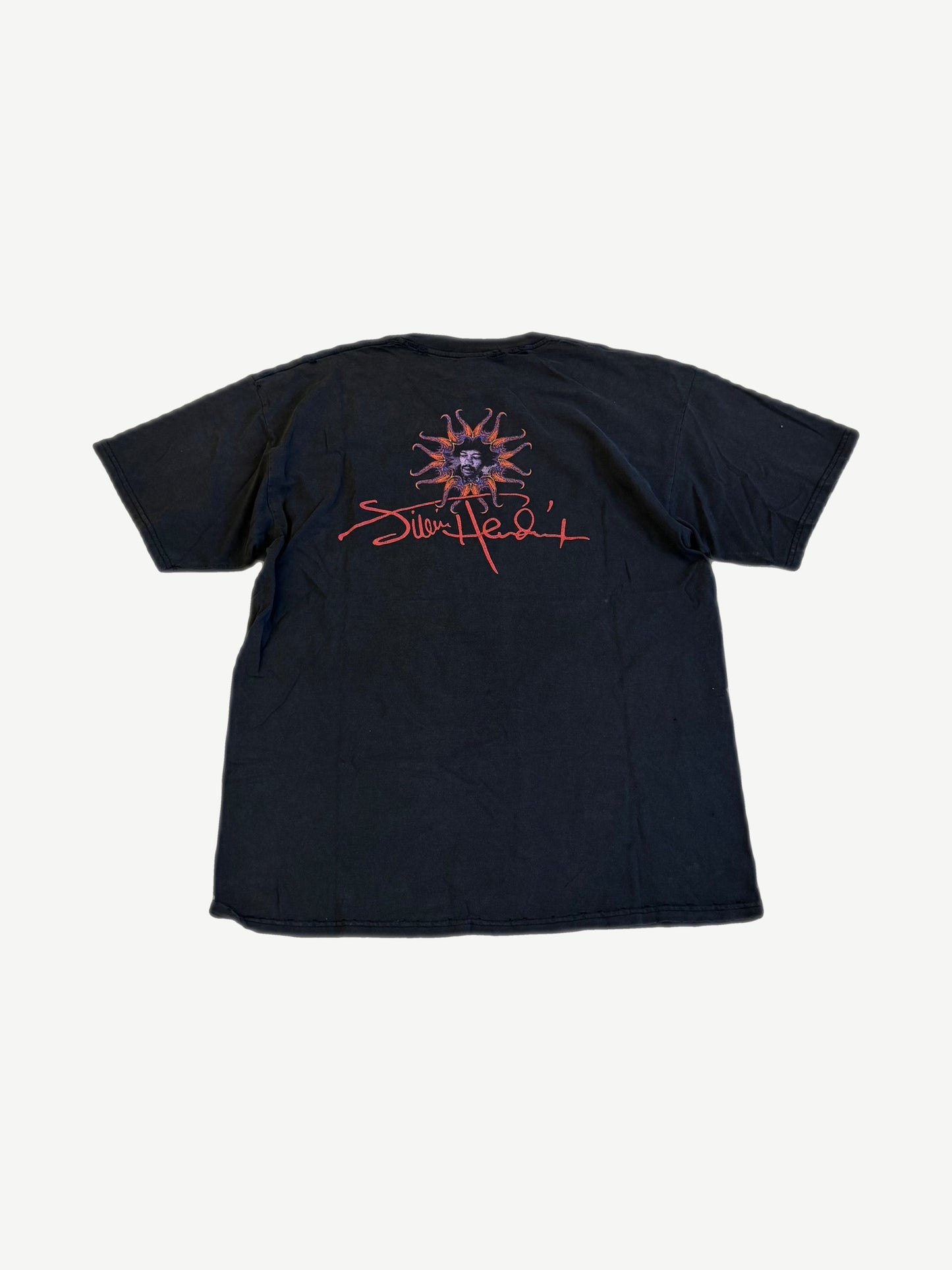 Vintage Jimi Hendrix Winterland tee back, small sun-flame portrait with red signature print
