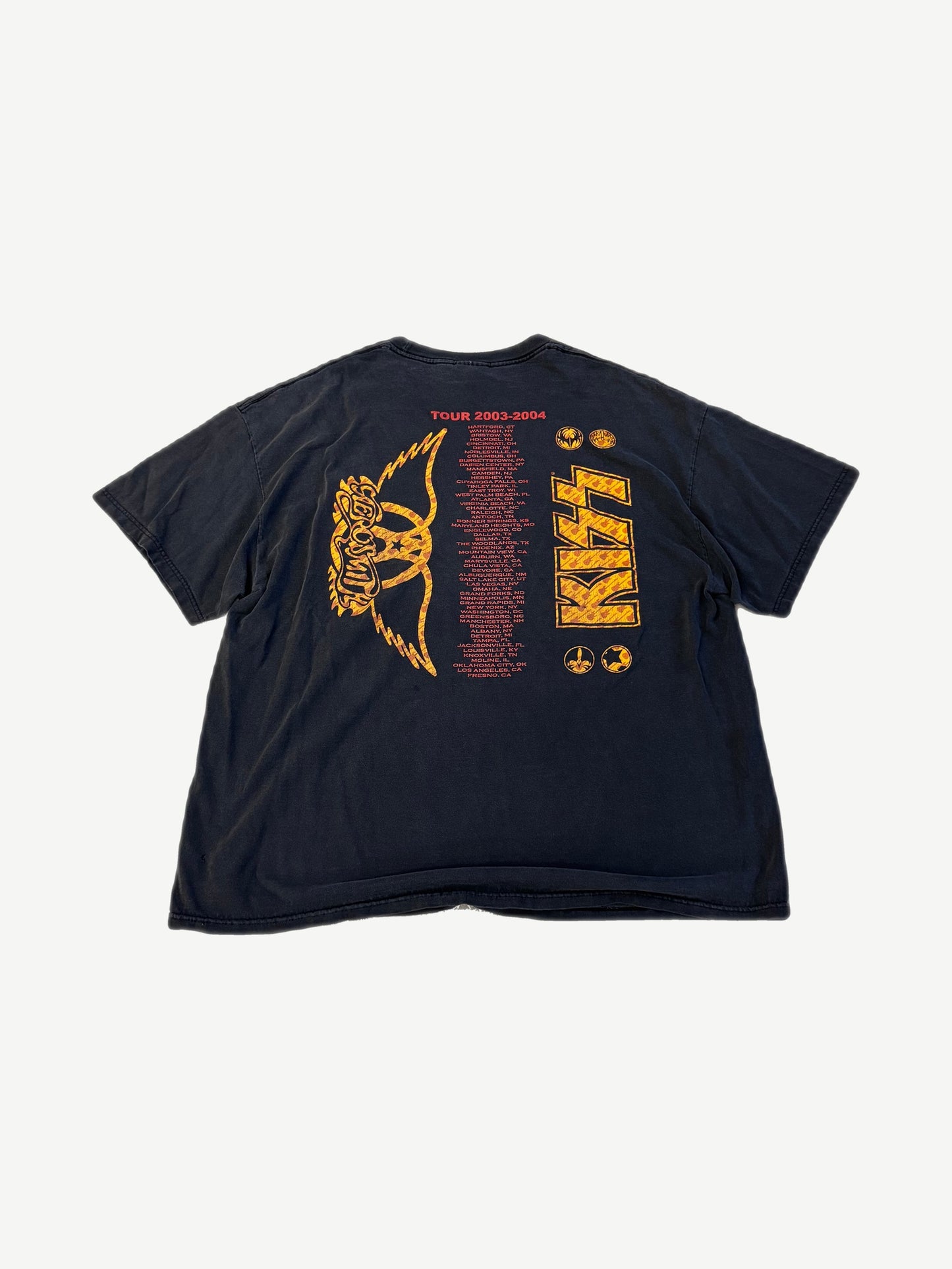 Vintage Kiss Aerosmith Tour 2003 2004 tee back in faded black with yellow tour date list and band logos