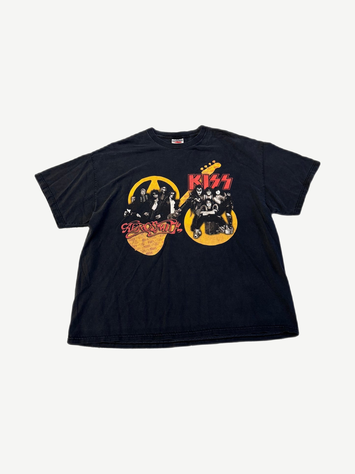 Vintage Kiss Aerosmith 2003 2004 concert tour tee in faded black with dual band photo graphics on chest