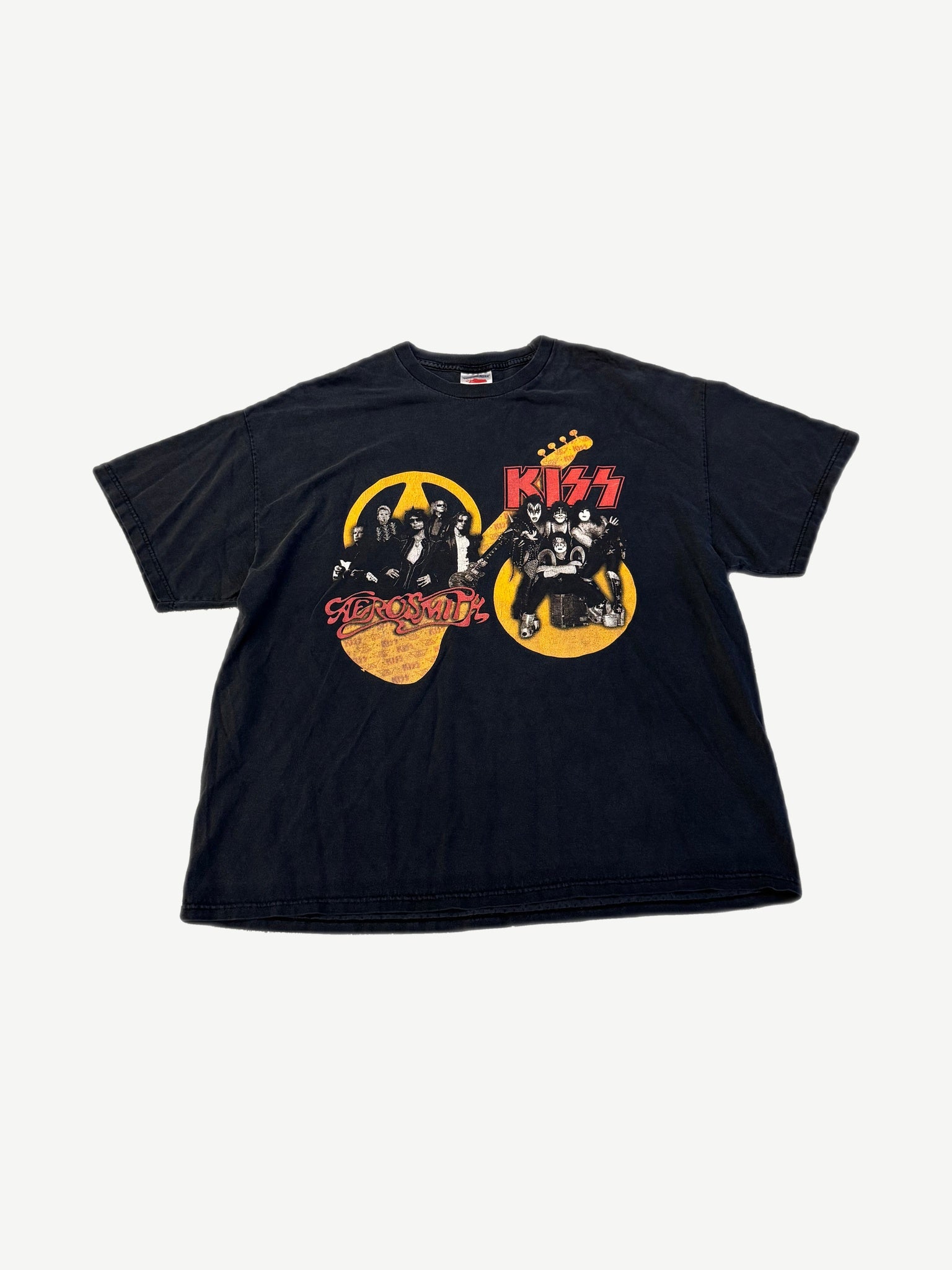 Vintage Kiss Aerosmith 2003 2004 concert tour tee in faded black with dual band photo graphics on chest