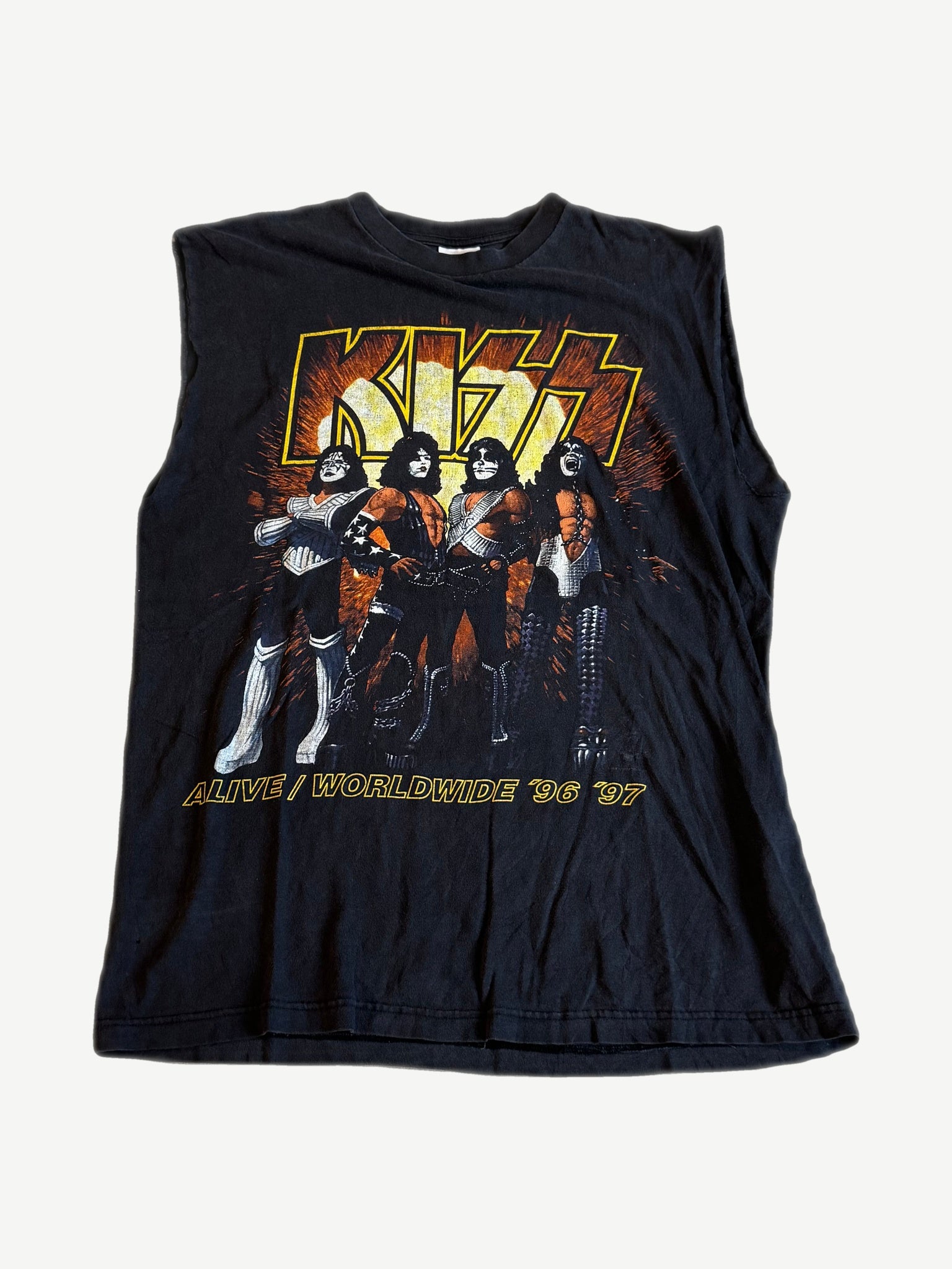 Vintage Kiss Alive Worldwide 96 97 black sleeveless cutoff tee with full makeup band photo graphic, front view