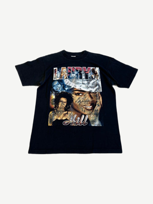Vintage black rap tee front with Lauryn Hill photo collage, fill-text Lauryn Hill name graphic, bootleg style print.