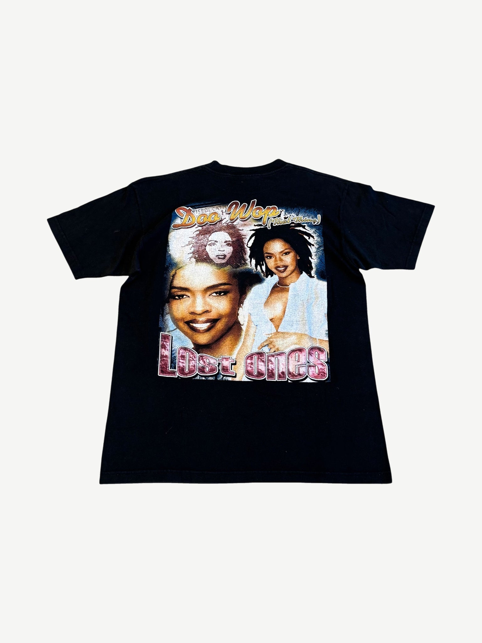Vintage black rap tee back with Lauryn Hill Doo Wop and Lost Ones photo collage rap tee style graphic print.