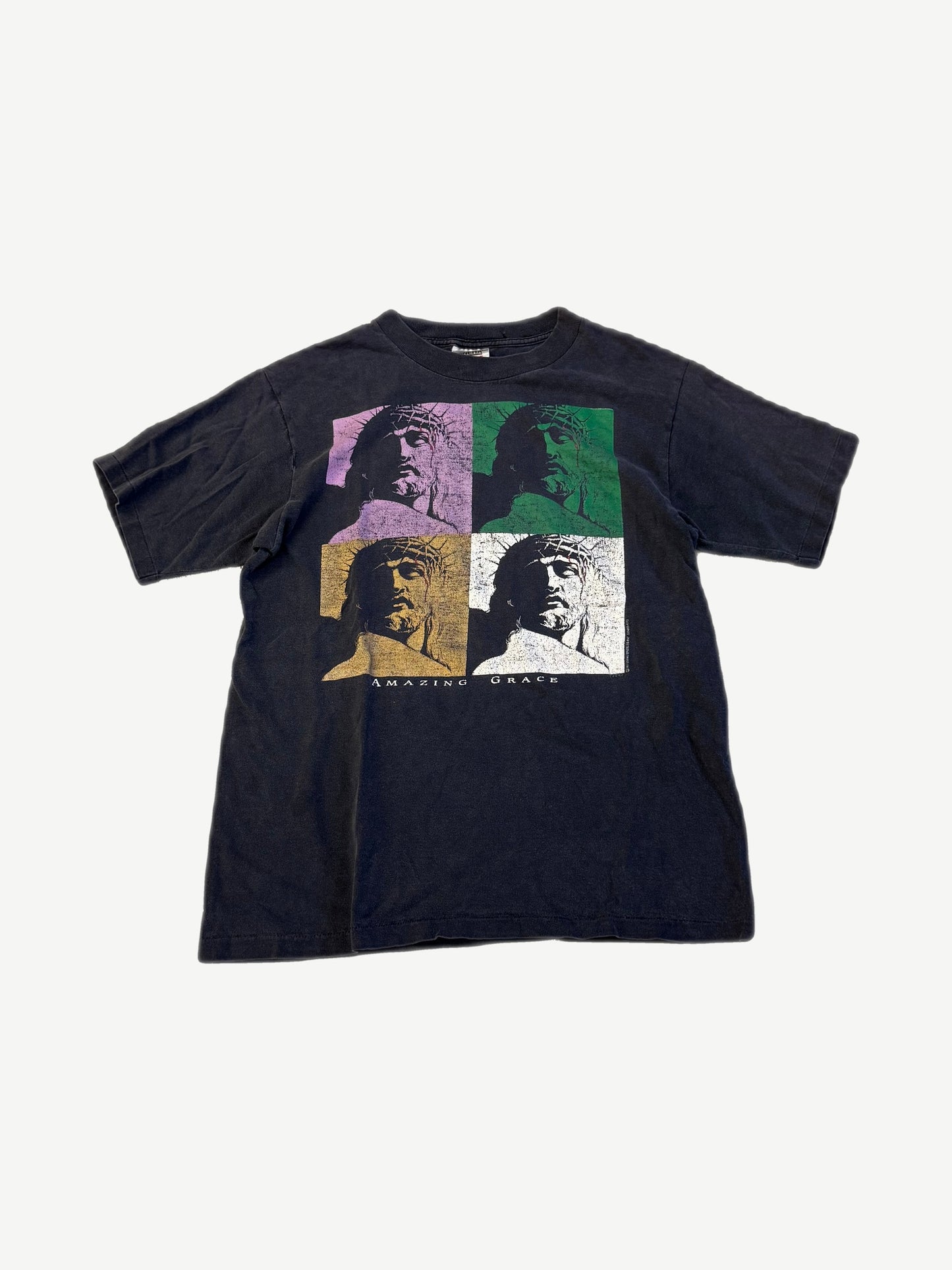 Vintage Living Epistles Amazing Grace tee in black with four-panel Christ Warhol-style portrait print
