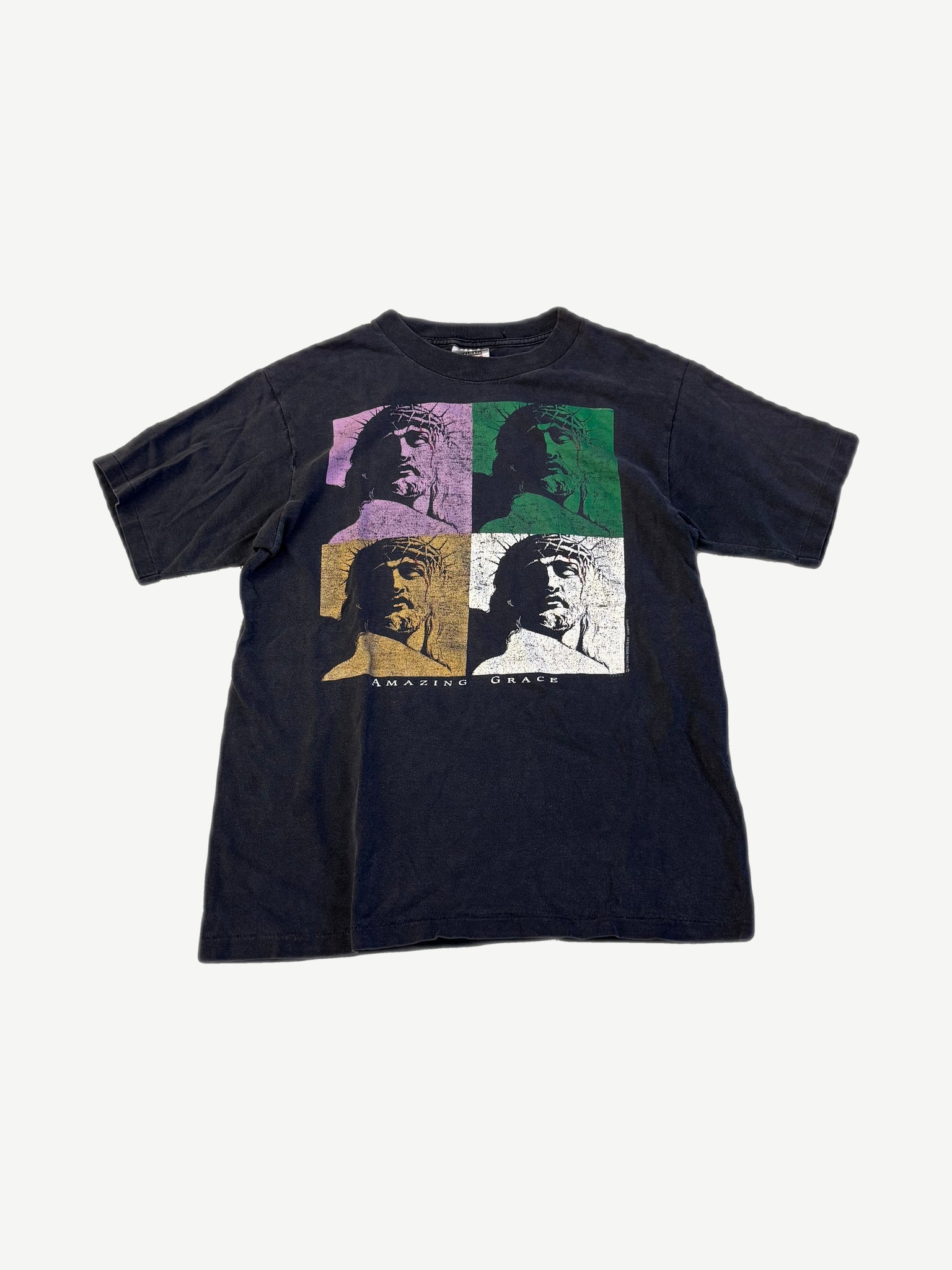 Vintage Living Epistles Amazing Grace tee in black with four-panel Christ Warhol-style portrait print