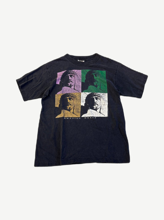 Vintage Living Epistles Amazing Grace tee in black with four-panel Christ Warhol-style portrait print
