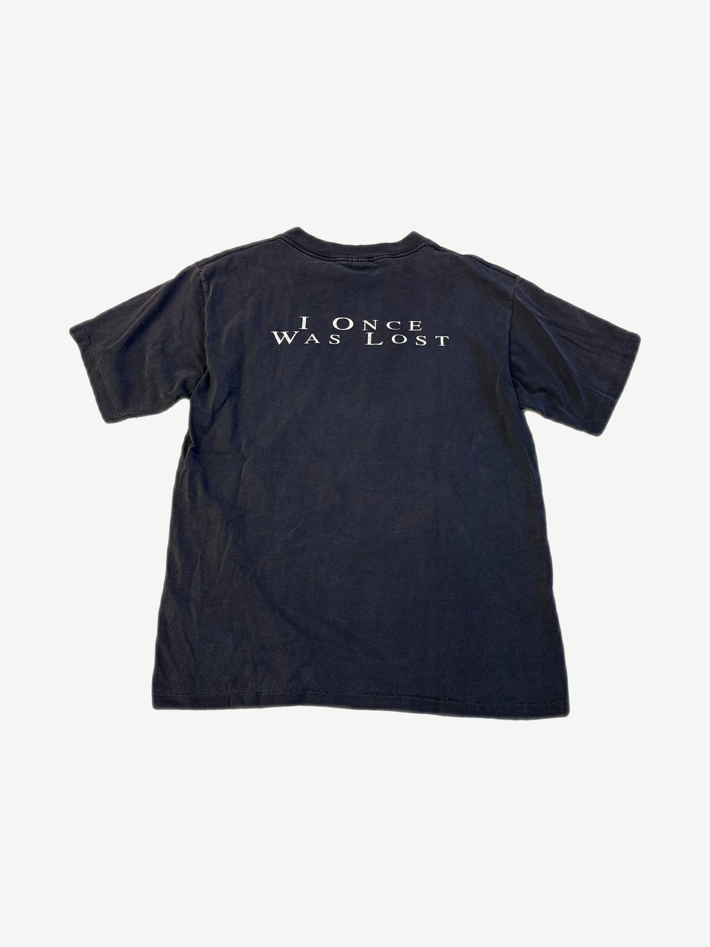 Vintage Living Epistles Amazing Grace tee back view with white I Once Was Lost text across shoulders