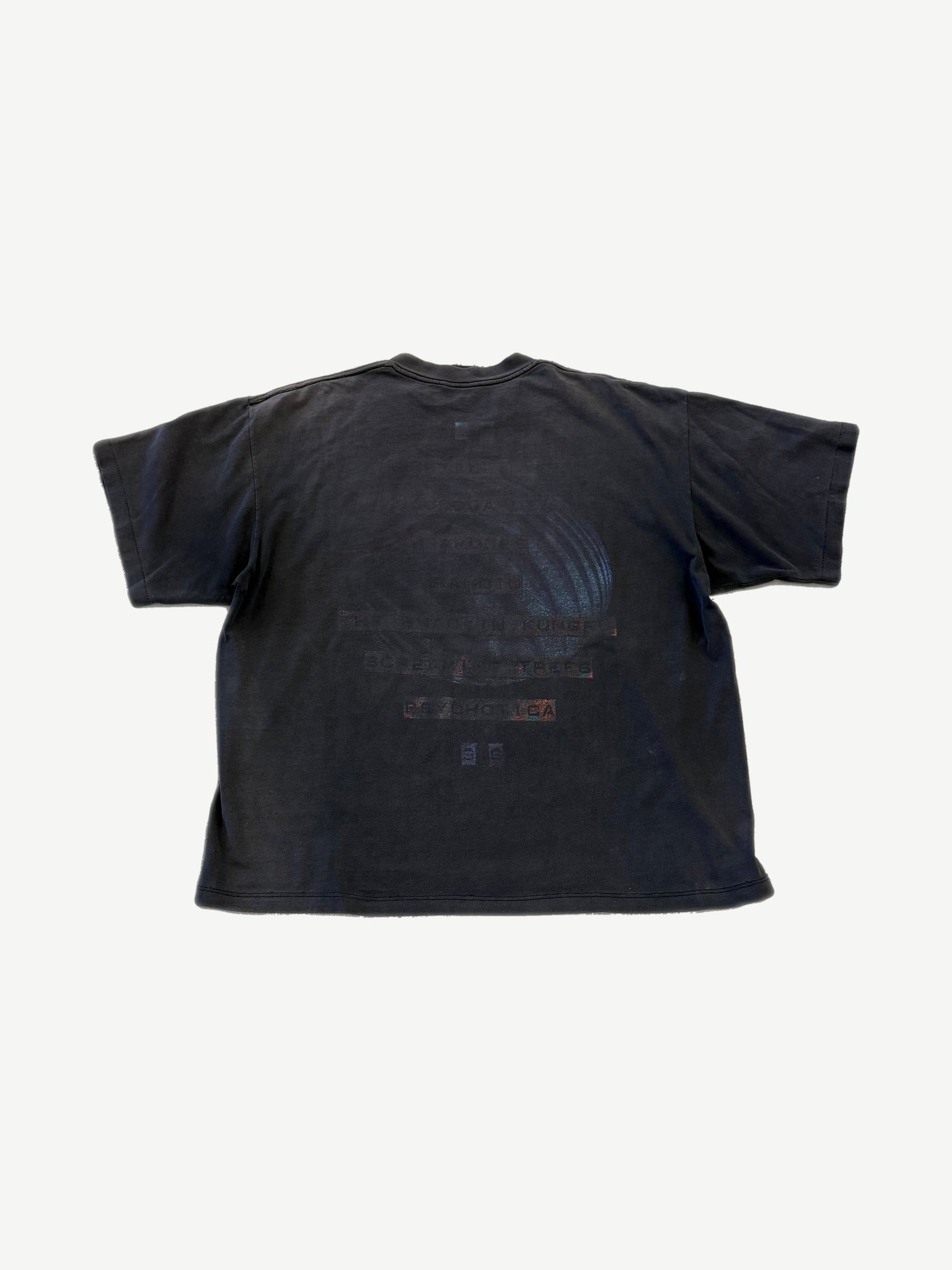 Vintage Lollapalooza 1996 black tee back view with heavily faded tour date and city list print.
