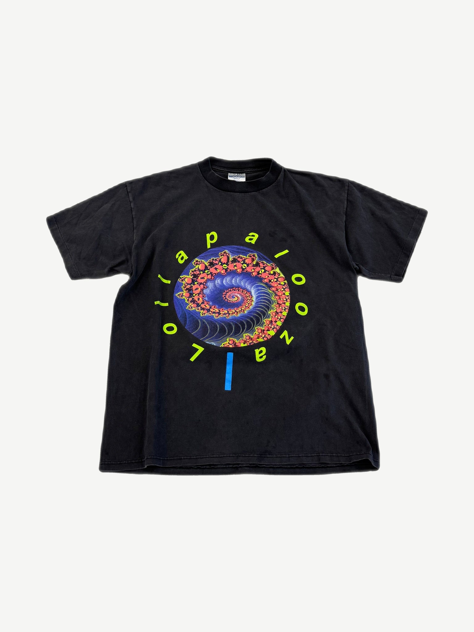 Vintage Lollapalooza 1991 festival tee in faded black with neon lollipop spiral graphic and circular text print.