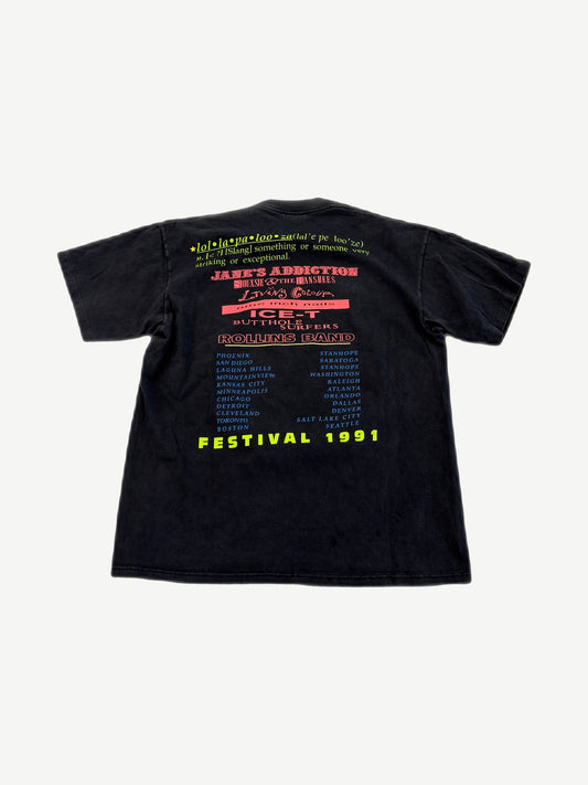 Vintage Lollapalooza 1991 festival tee back with Jane's Addiction, Nine Inch Nails, Ice-T tour city lineup print.