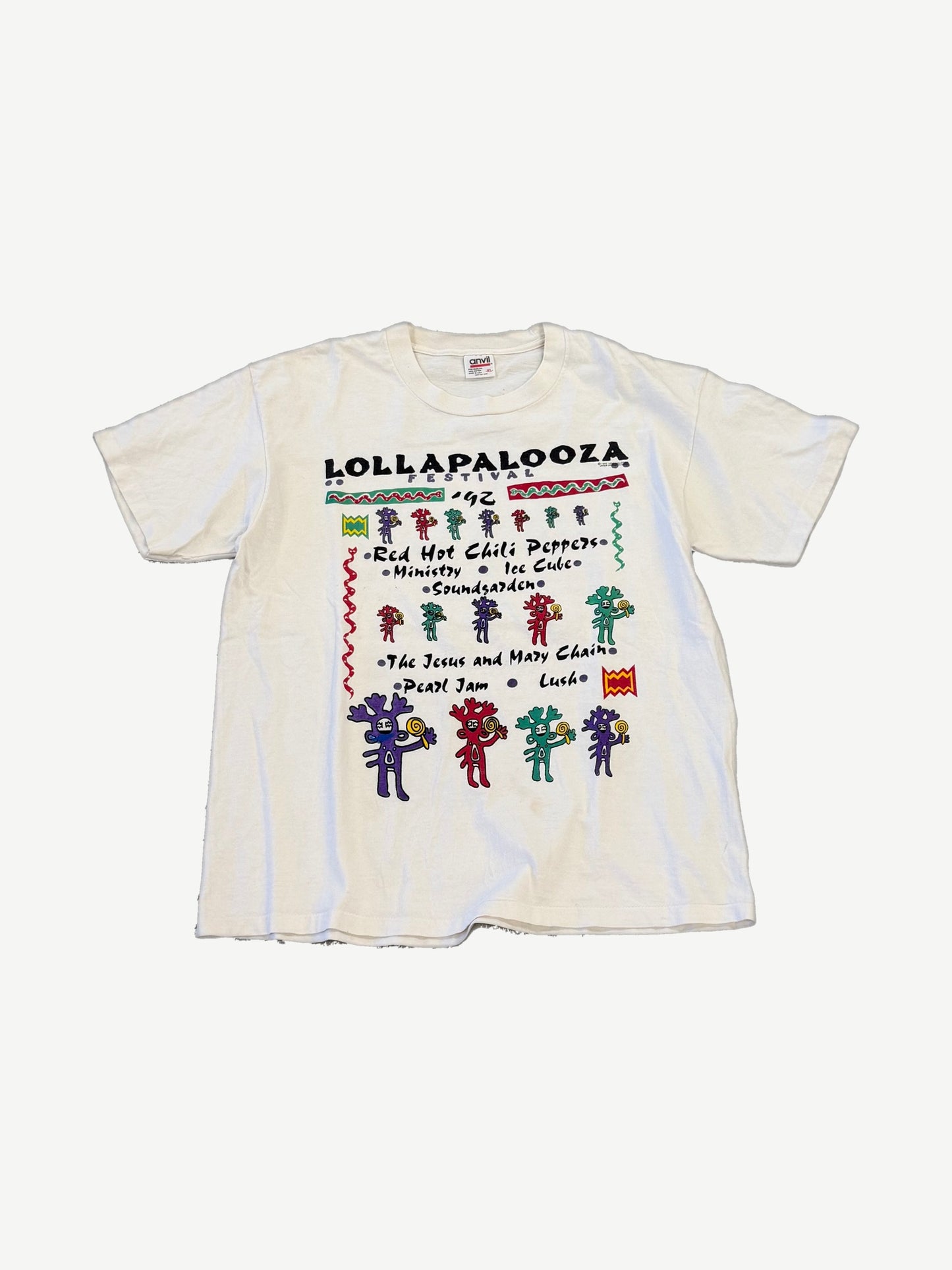 Vintage Lollapalooza music festival tour tee with multi-color band lineup graphic printed on faded black cotton.