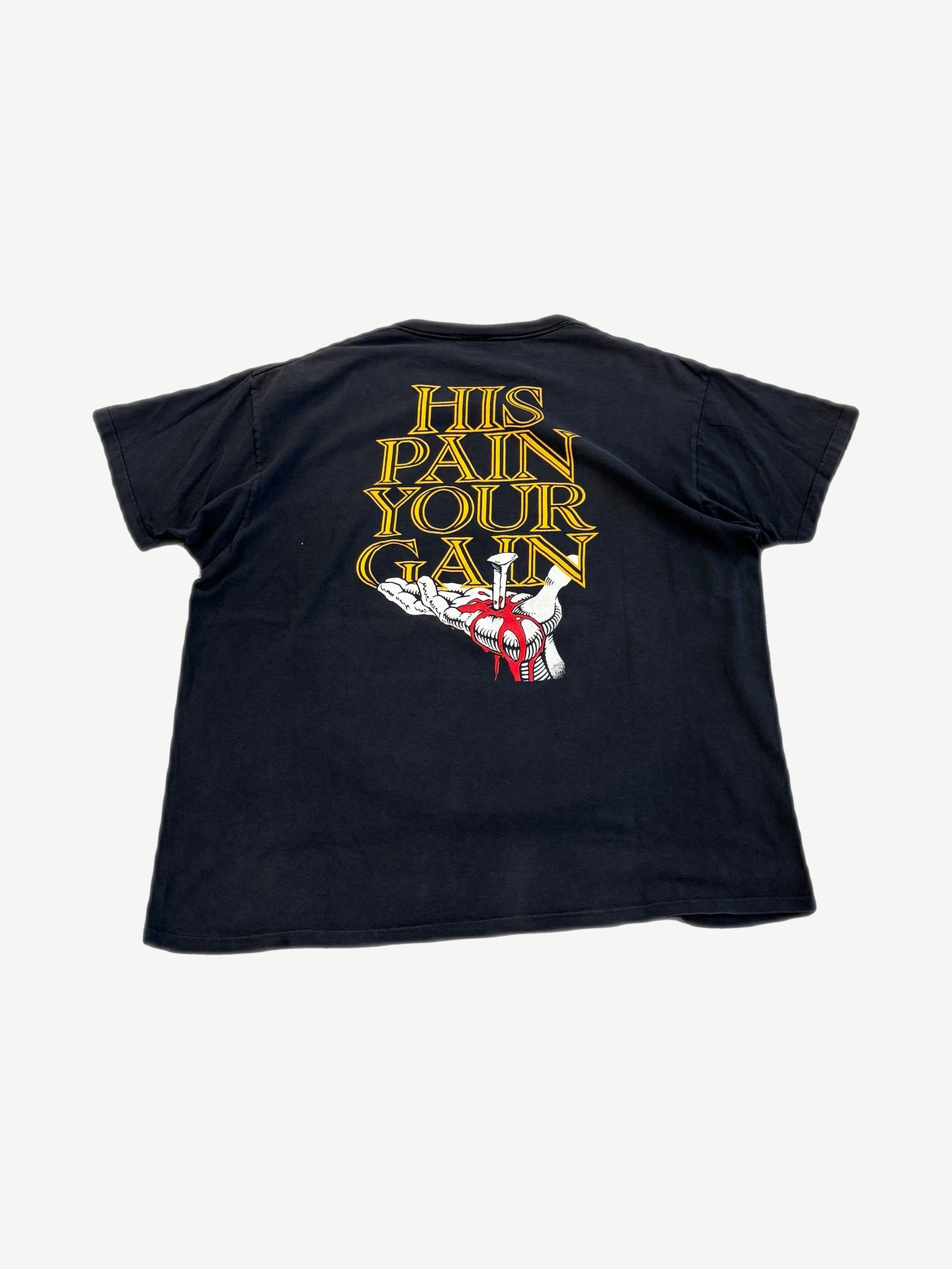 Vintage Lord's Gym black tee back with yellow His Pain Your Gain text above nailed hand with blood drip illustration.