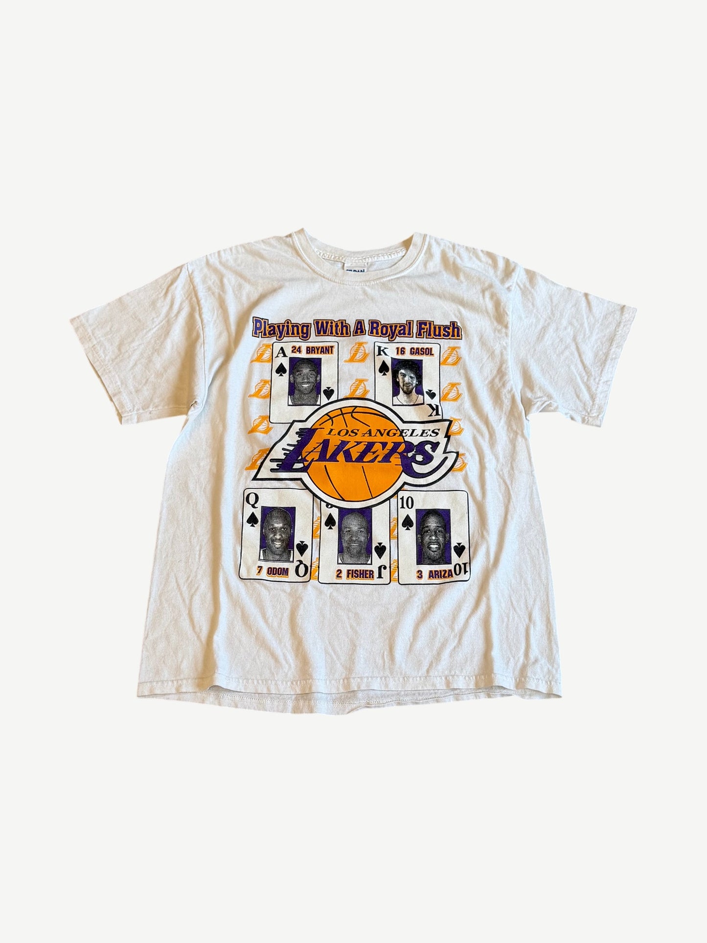 Vintage LA Lakers Royal Flush white tee front with Bryant Gasol Odom Fisher Ariza card graphic.