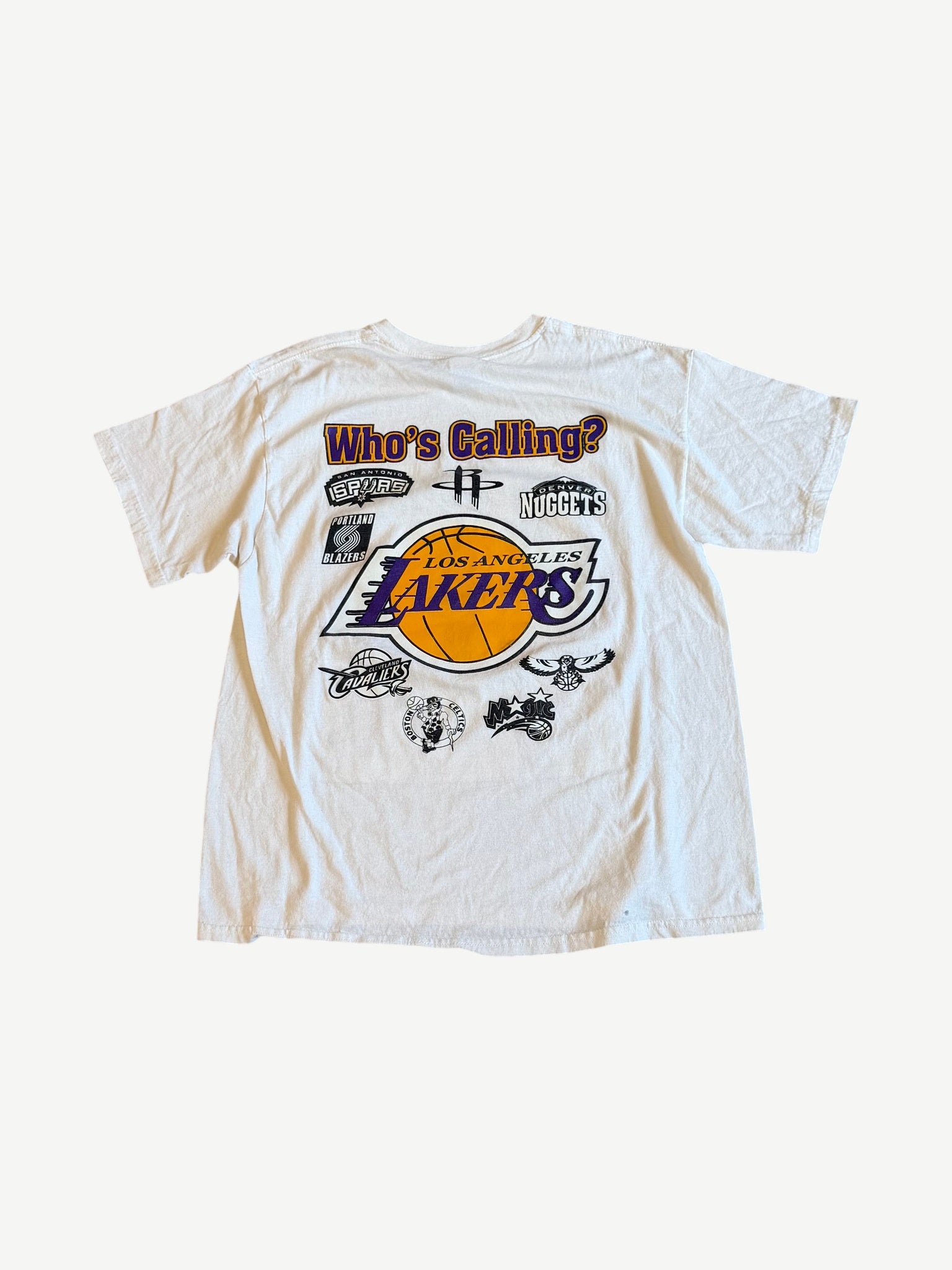 Vintage LA Lakers Royal Flush tee back view with Who's Calling NBA team logos collage print.