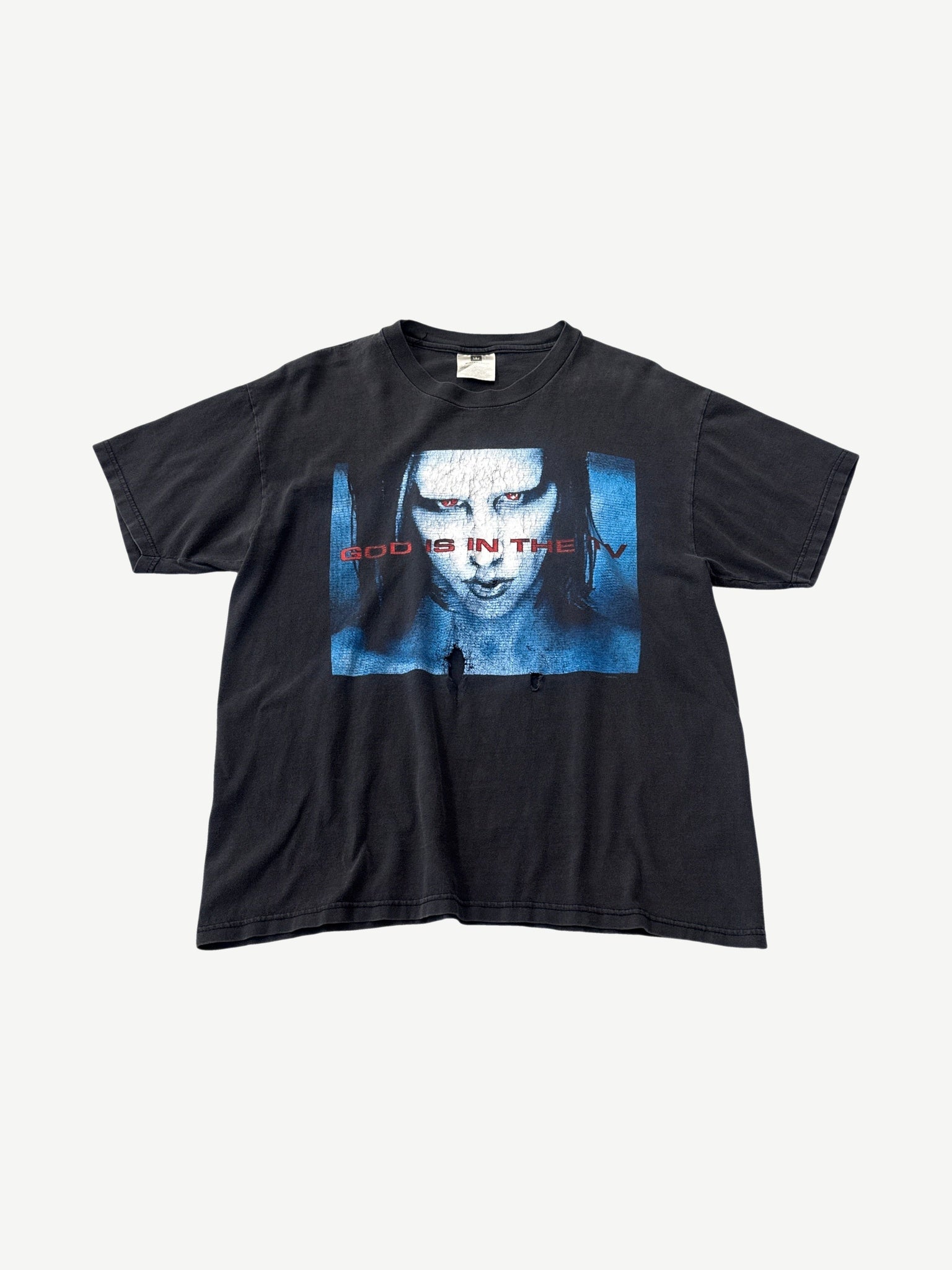 Vintage Marilyn Manson black band tee with blue tinted God is in the TV portrait album print.