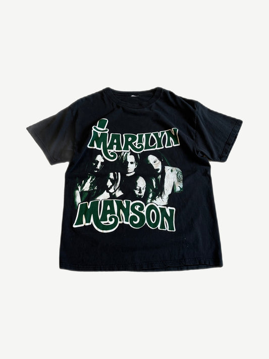 Vintage Marilyn Manson black tee front with green bubble logo and grayscale band member photo collage print.