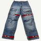 Vintage Marithe Francois Girbaud light wash baggy jeans front view with signature red FG knee ribbon straps