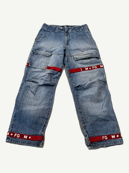 Vintage Marithe Francois Girbaud light wash baggy jeans front view with signature red FG knee ribbon straps