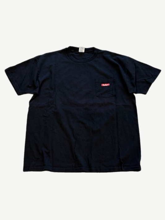 Vintage Marlboro black tee front, small red Marlboro chest pocket patch with short sleeves and crew neck.