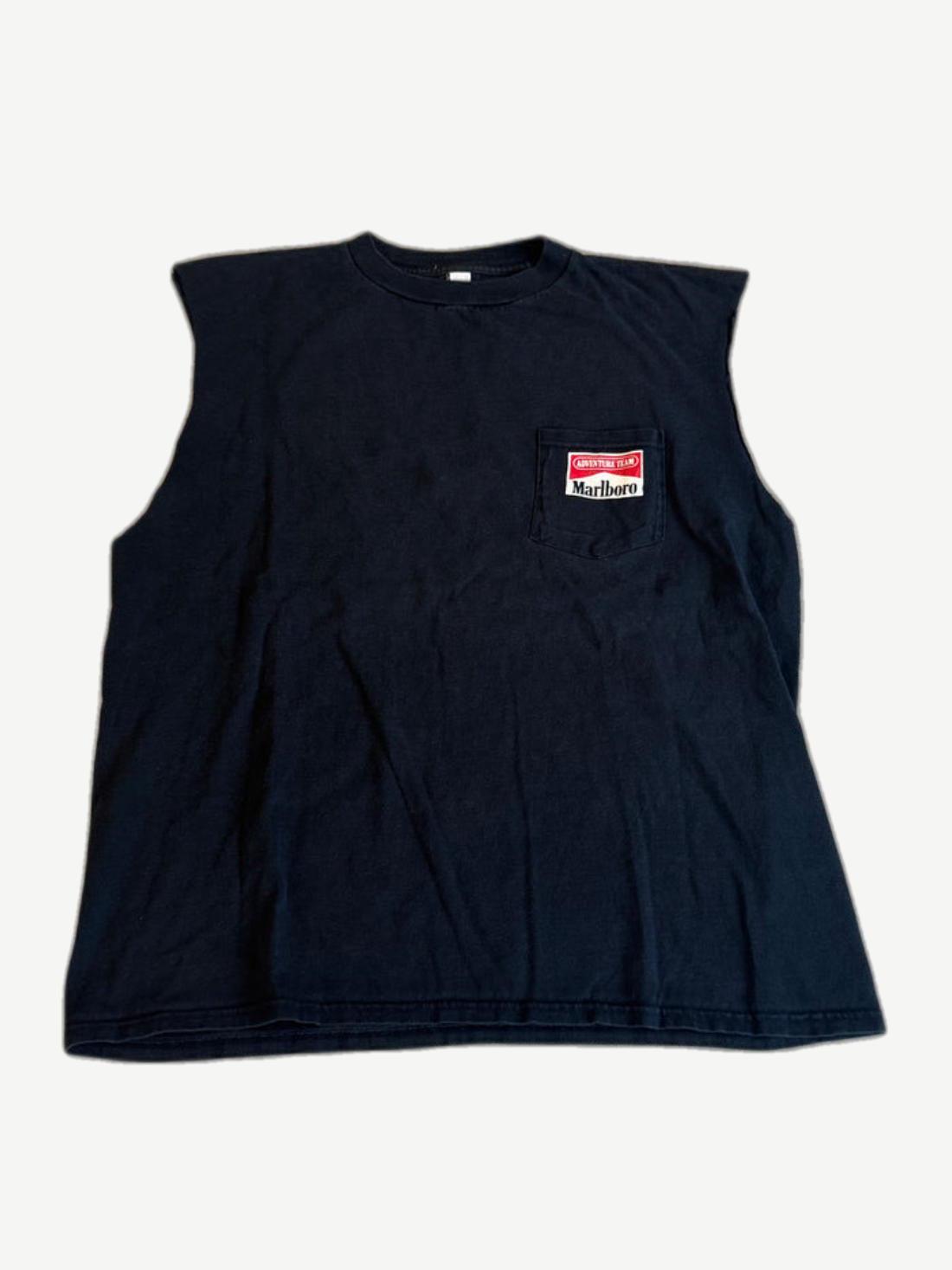 Vintage Marlboro Coyote Bluff black sleeveless cutoff tee front with Marlboro chest patch logo