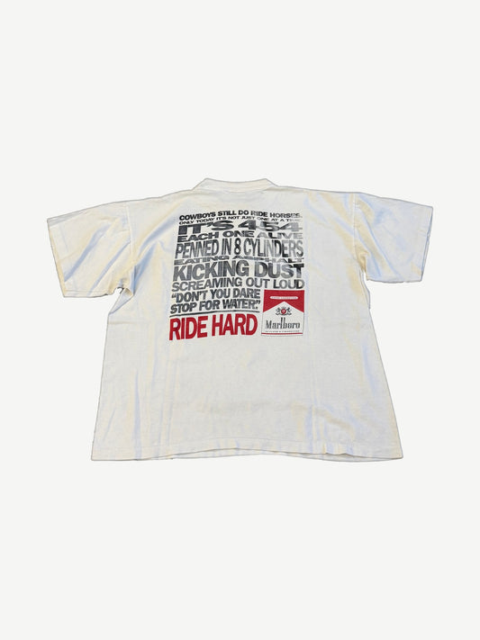 Vintage Marlboro Ride Hard white tee back with bold cowboy quote and Marlboro pack graphic