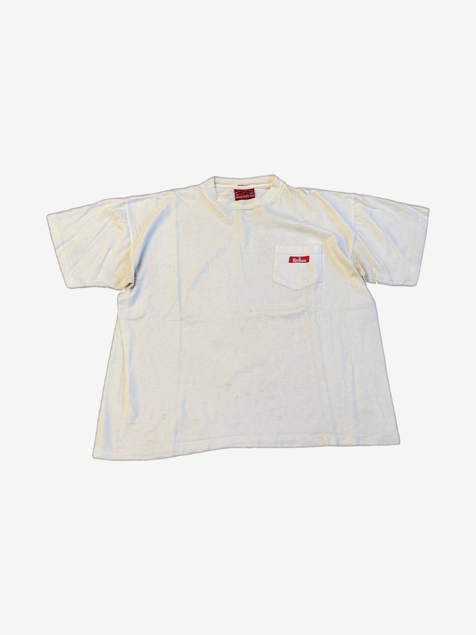 Vintage Marlboro Country Store white pocket tee front with small red Marlboro pocket logo