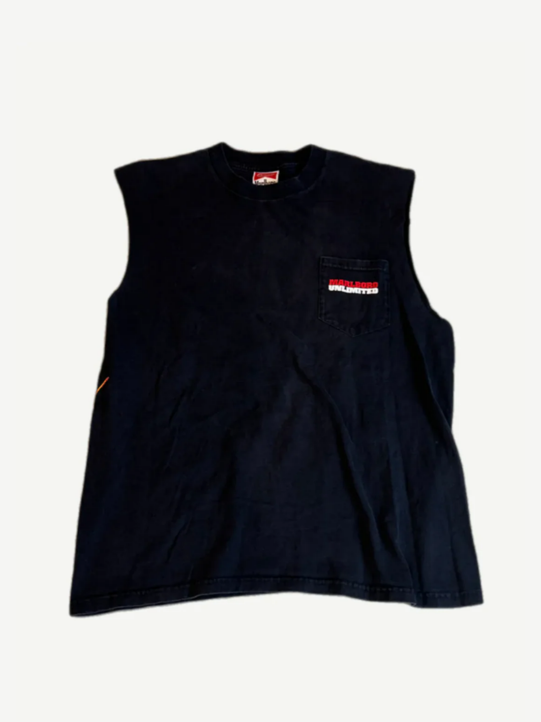 Vintage Marlboro Unlimited black cutoff tee back with large multicolor lizard graphic centered across the panel.
