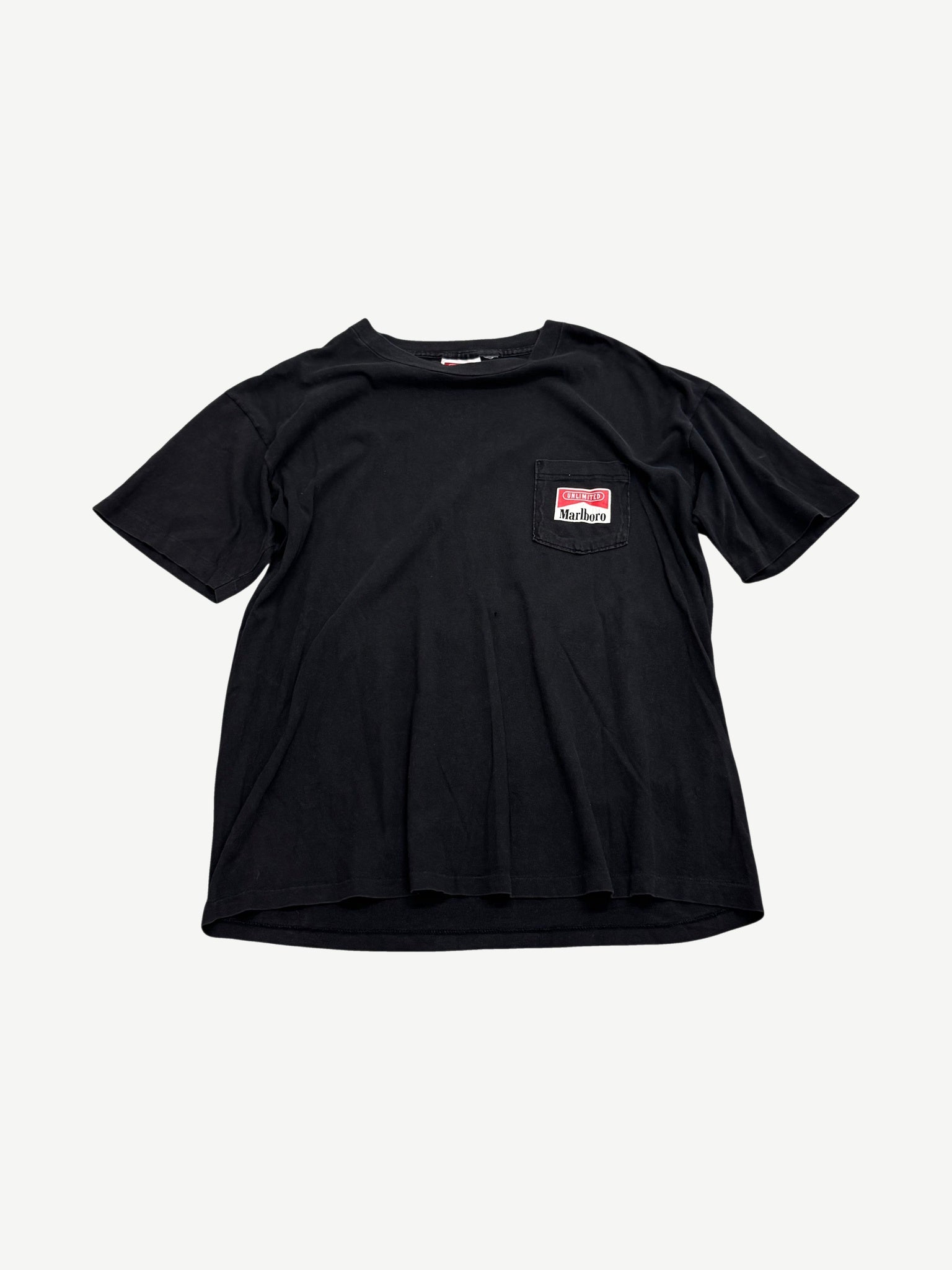 Vintage Marlboro Unlimited black pocket tee front view with red and white chest label patch