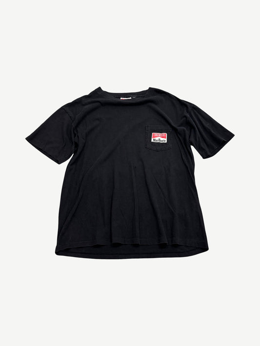 Vintage Marlboro Unlimited black pocket tee front view with red and white chest label patch