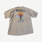 Back of vintage Metallica Burn Your Fingers tee with flaming skull and crossed pistons illustration.