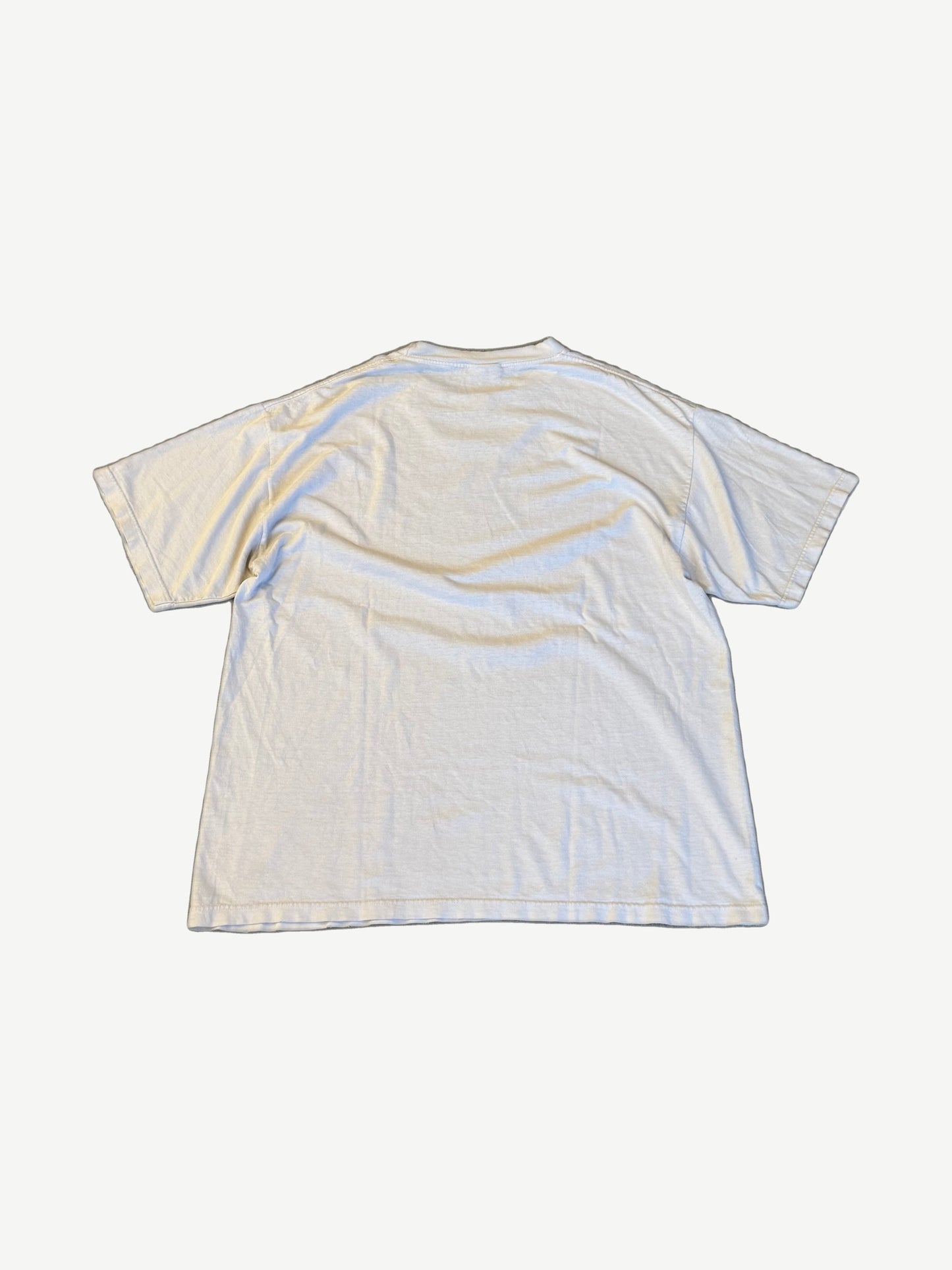 Vintage Metallica M2K tour tee back view in aged cream cotton with relaxed boxy vintage cut.