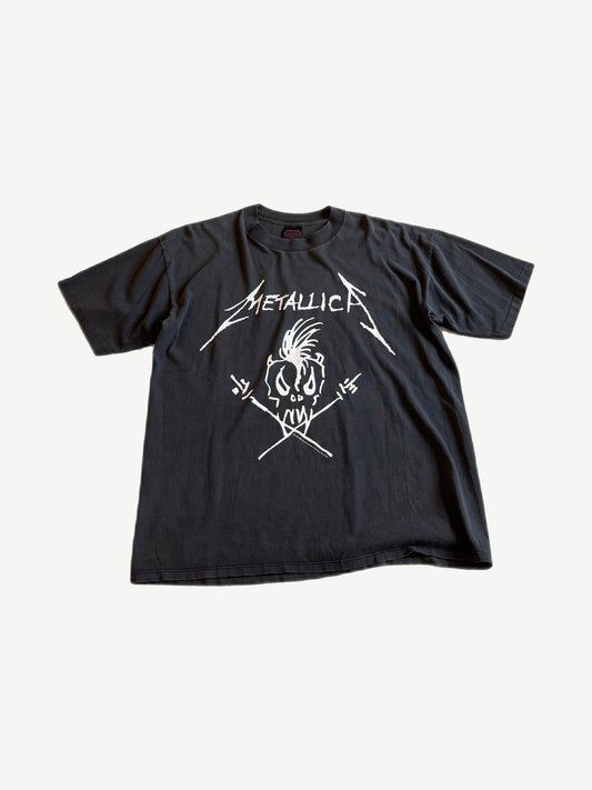Vintage Metallica Nowhere Else to Roam black tee with white skull and crossed drumstick scribble logo.