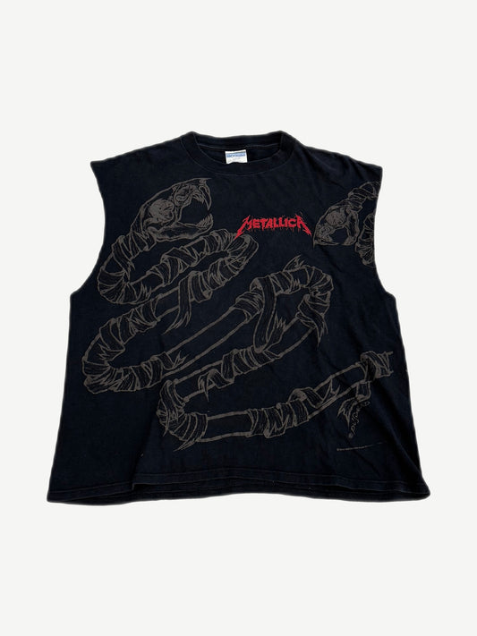 Vintage Metallica Pushead tee front, black with allover tonal snake skeleton print and red Metallica wordmark.