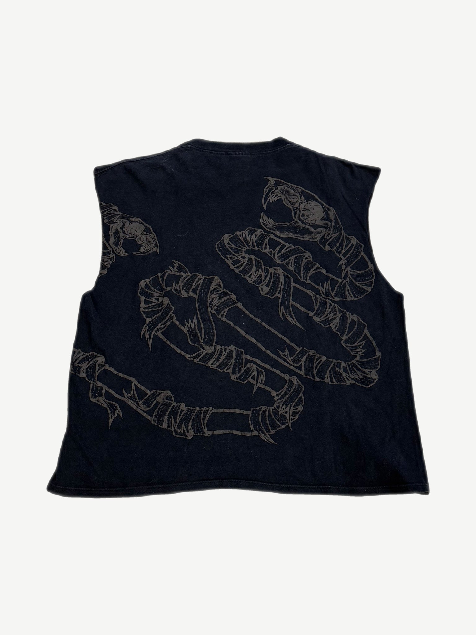 Vintage Metallica Pushead allover print tee back, sleeveless black tee with tonal serpent and skeleton graphics.