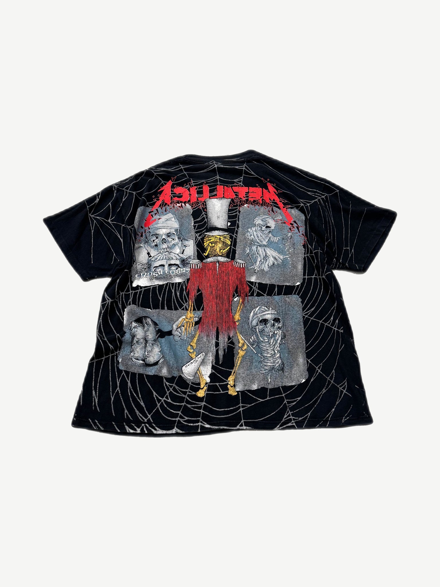 Vintage Metallica Ringmaster tee back view with red Metallica logo, skeleton figure and spider web all over print.