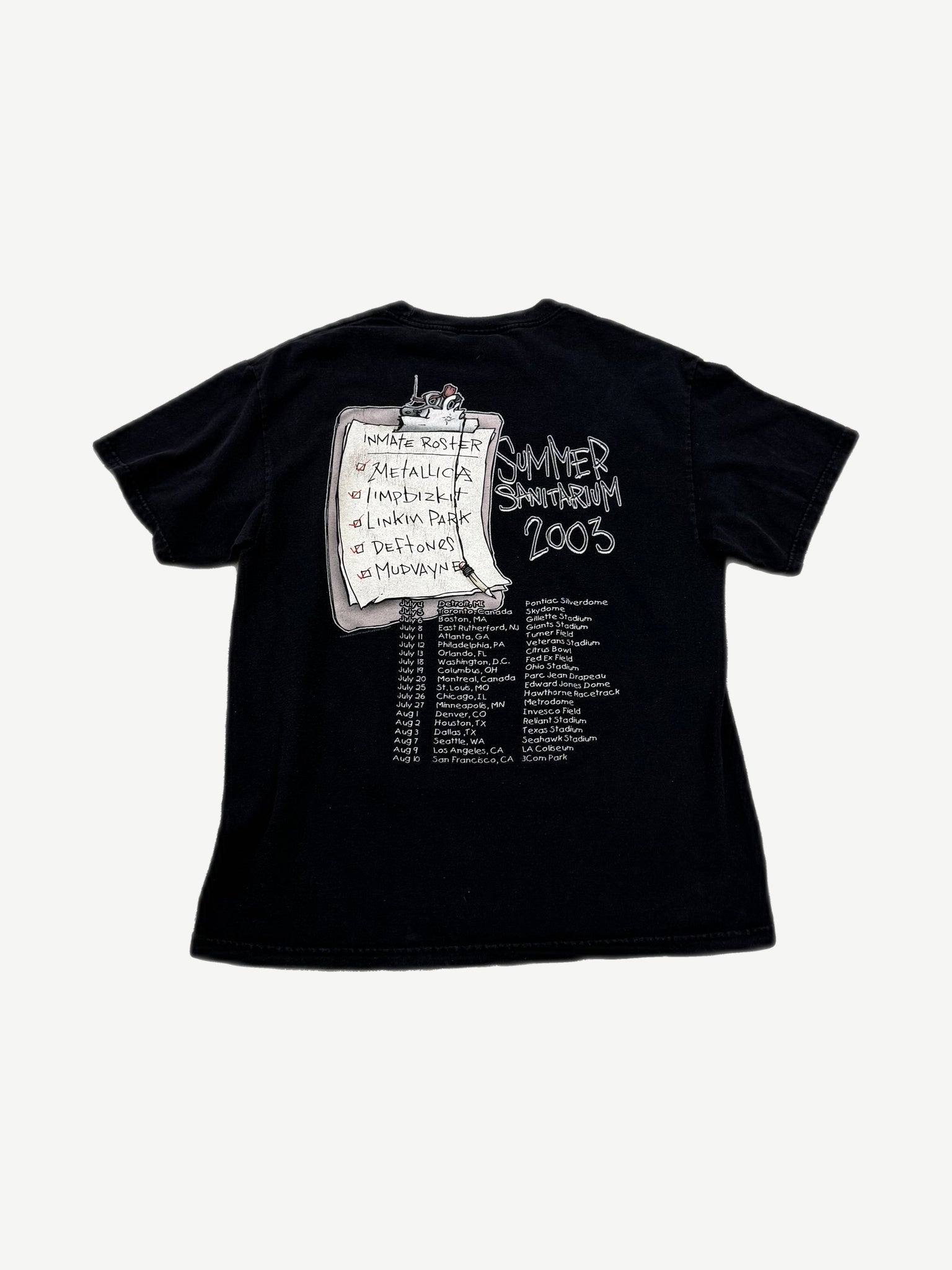 Vintage Metallica Summer Sanitarium 2003 tour tee back with inmate roster scroll and full tour date listing