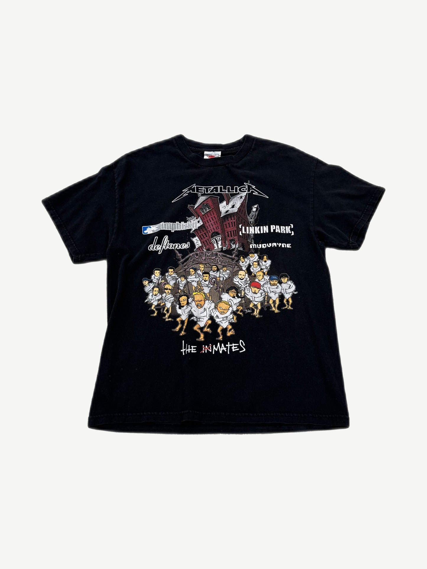 Vintage Metallica Summer Sanitarium 2003 tour tee with cartoon Inmates band lineup graphic on black cotton