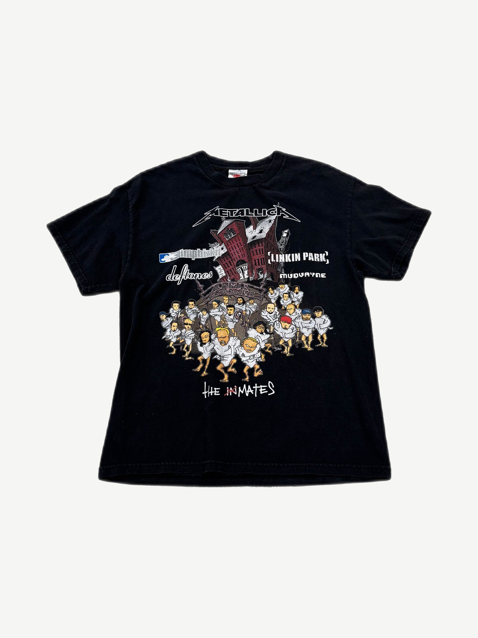 Vintage Metallica Summer Sanitarium 2003 tour tee with cartoon Inmates band lineup graphic on black cotton