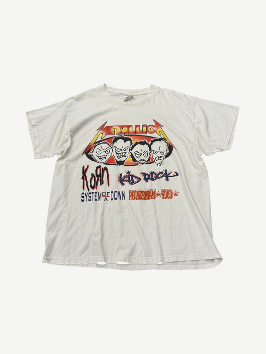 Vintage Metallica Summer Sanitarium 2000 tour tee front with skull graphic, flame artwork and band lineup.