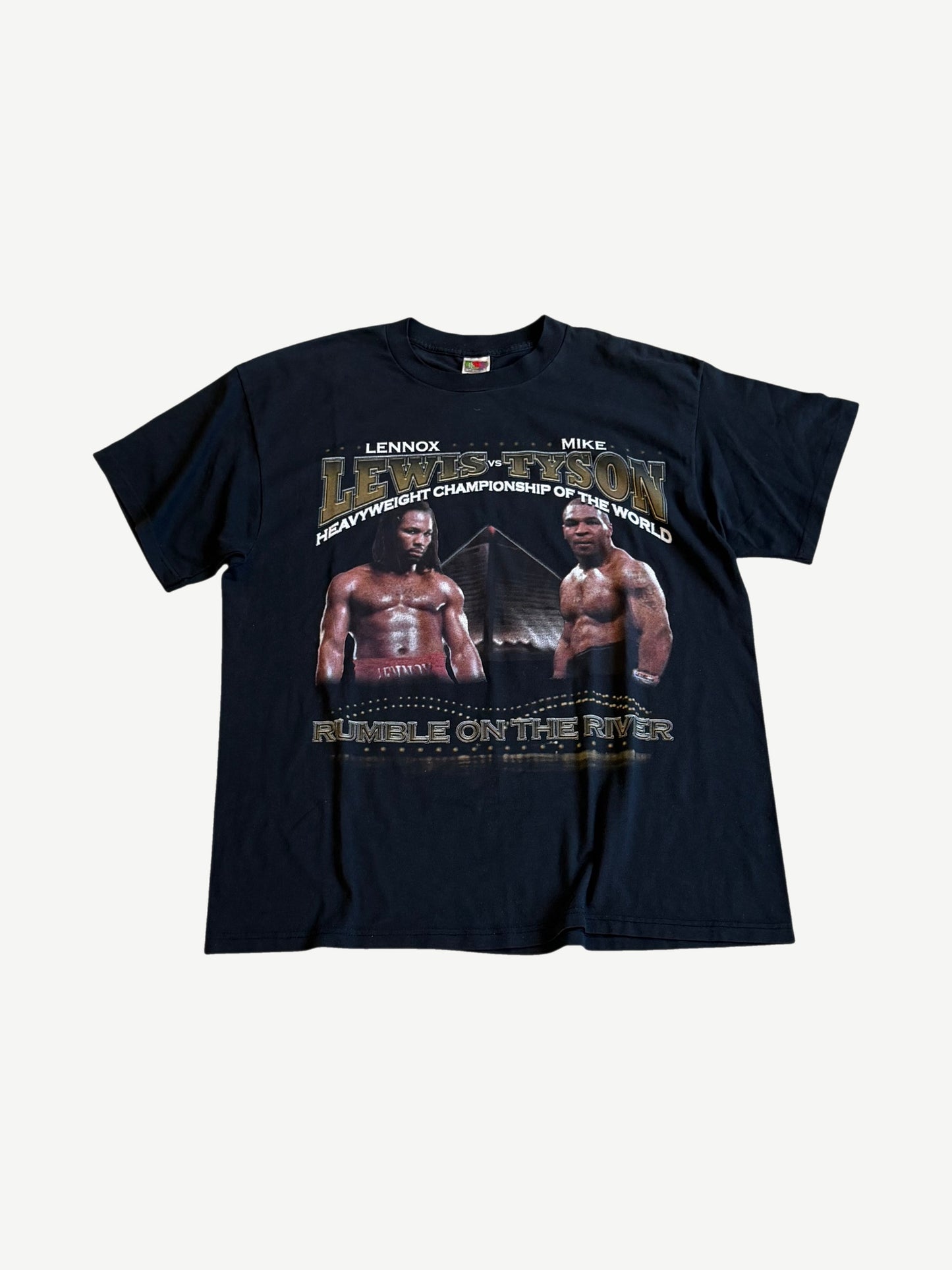 Vintage Mike Tyson Lennox Lewis boxing tee front in black with Rumble On The River Heavyweight Championship graphic