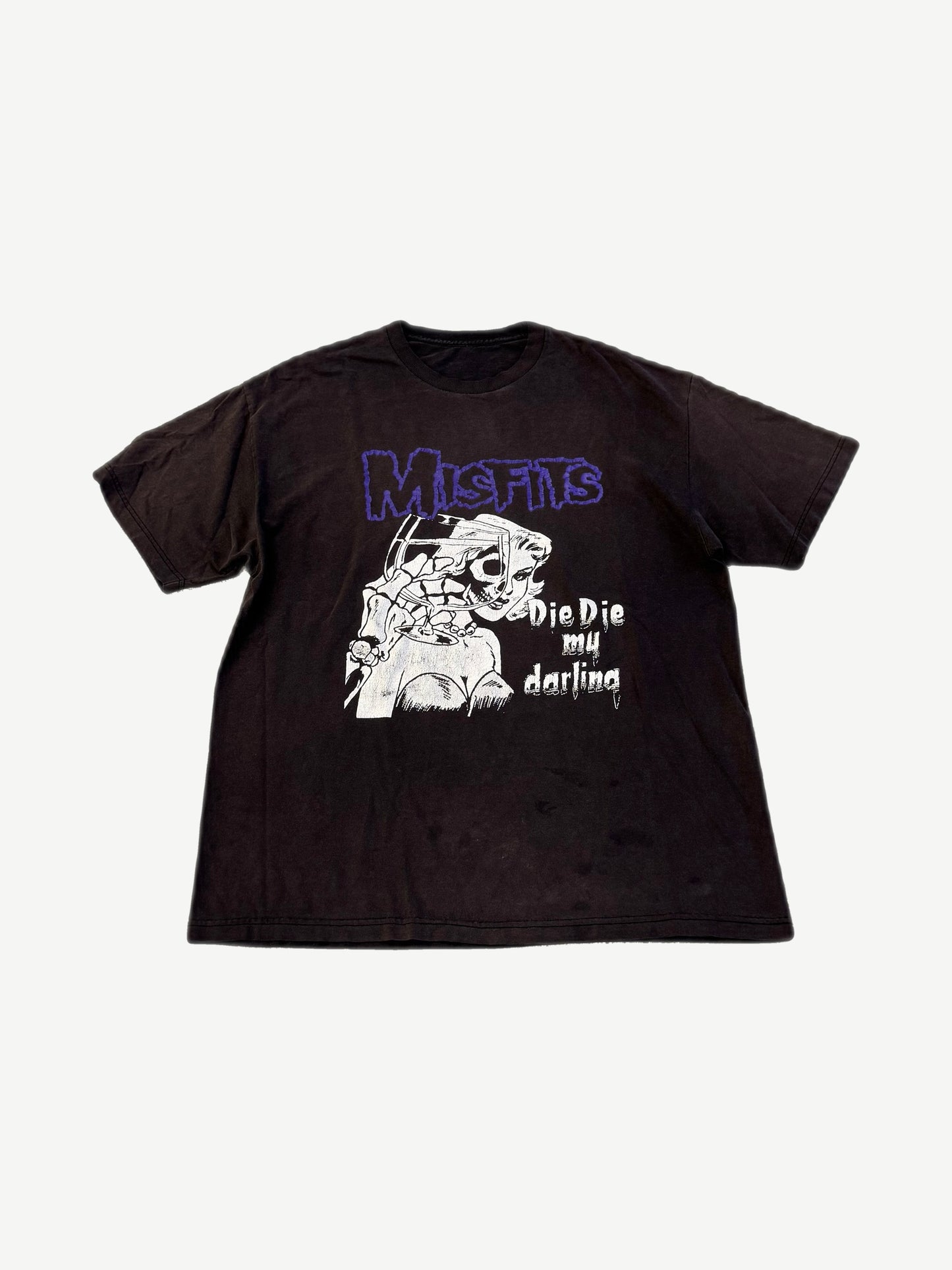 Vintage Misfits Die Die My Darling faded black tee front with purple logo and skeleton hand album art