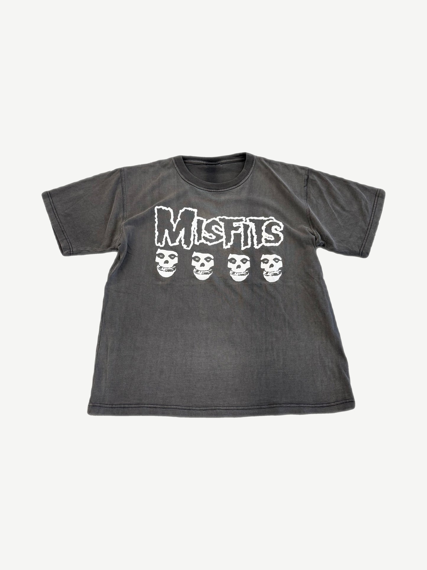 Vintage Misfits Fiend skull tee, faded black with white logo and four-skull punk band graphic