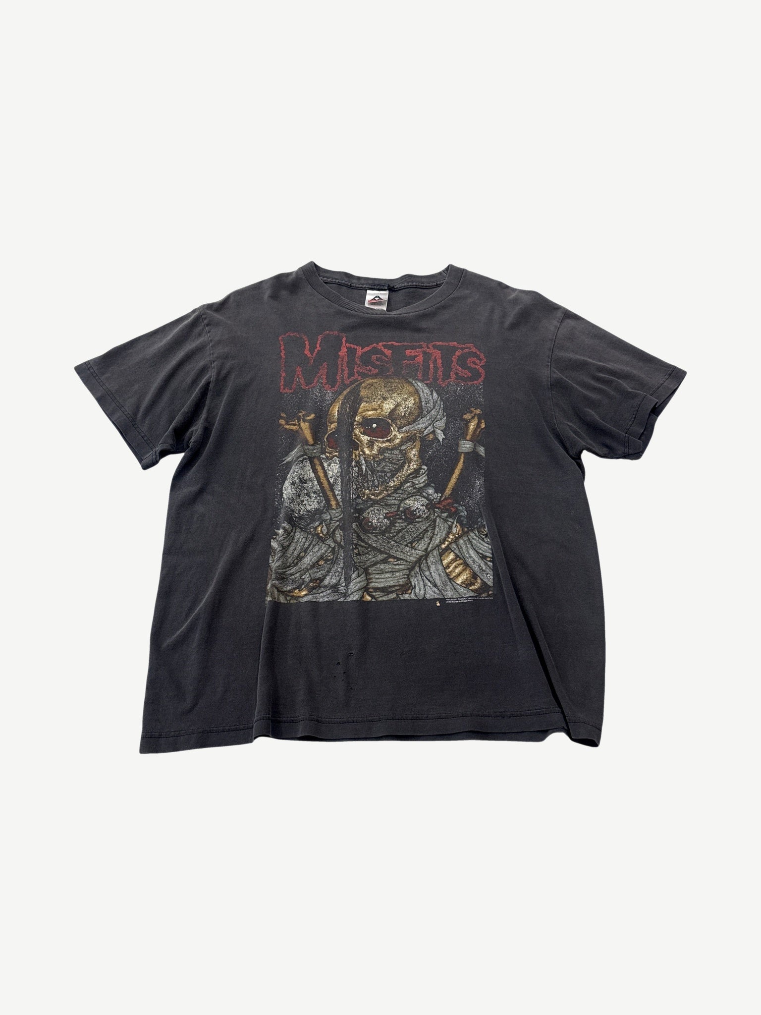Vintage Misfits faded black band tee with Pushead Here Comes the Dead mummy skeleton graphic and red logo