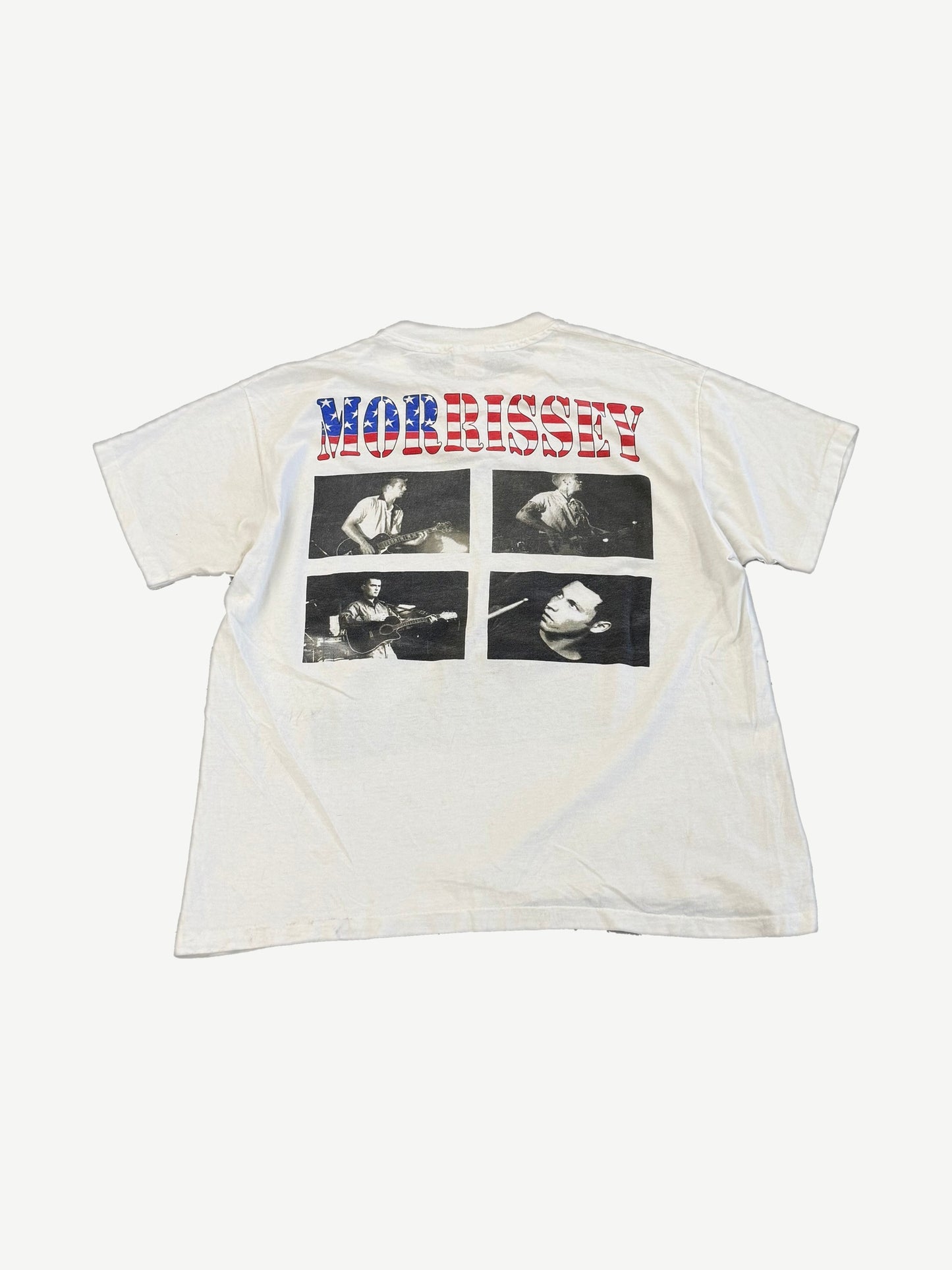 Vintage Morrissey tee back with American flag MORRISSEY logo and four black and white live performance photos.