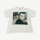 Vintage Morrissey white band tee front with grainy black and white portrait photo print at chest area.