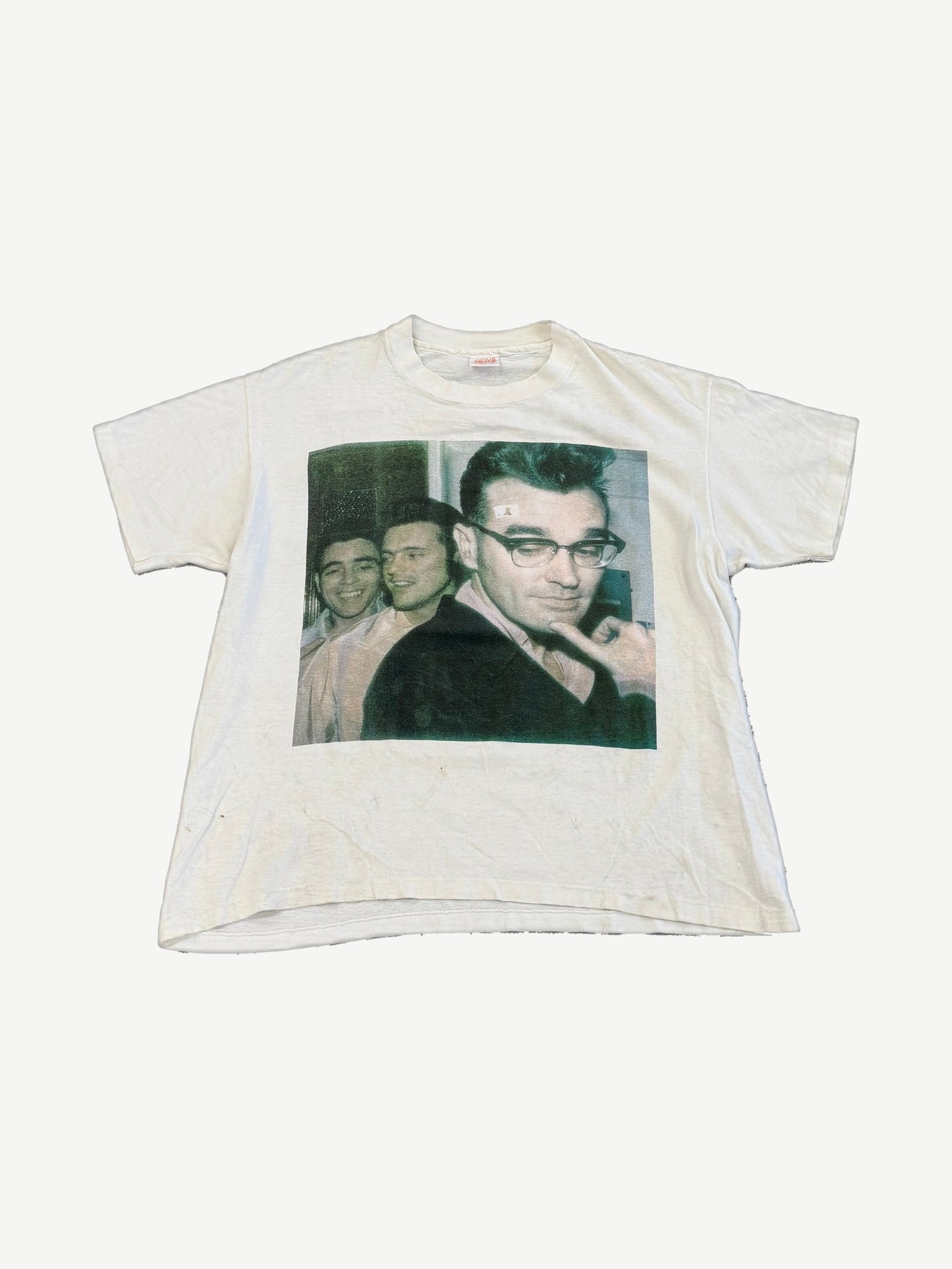 Vintage Morrissey white band tee front with grainy black and white portrait photo print at chest area.