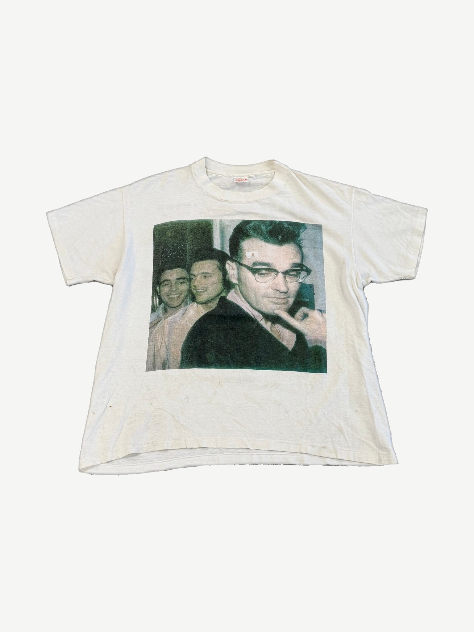Vintage Morrissey white band tee front with grainy black and white portrait photo print at chest area.